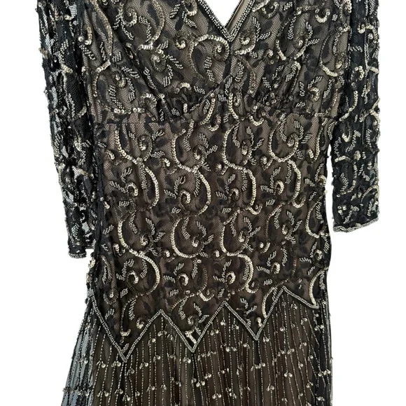 Pisarro Nights Beaded Mesh midi Gown 3/4 sleeve 2P - Picture 6 of 10